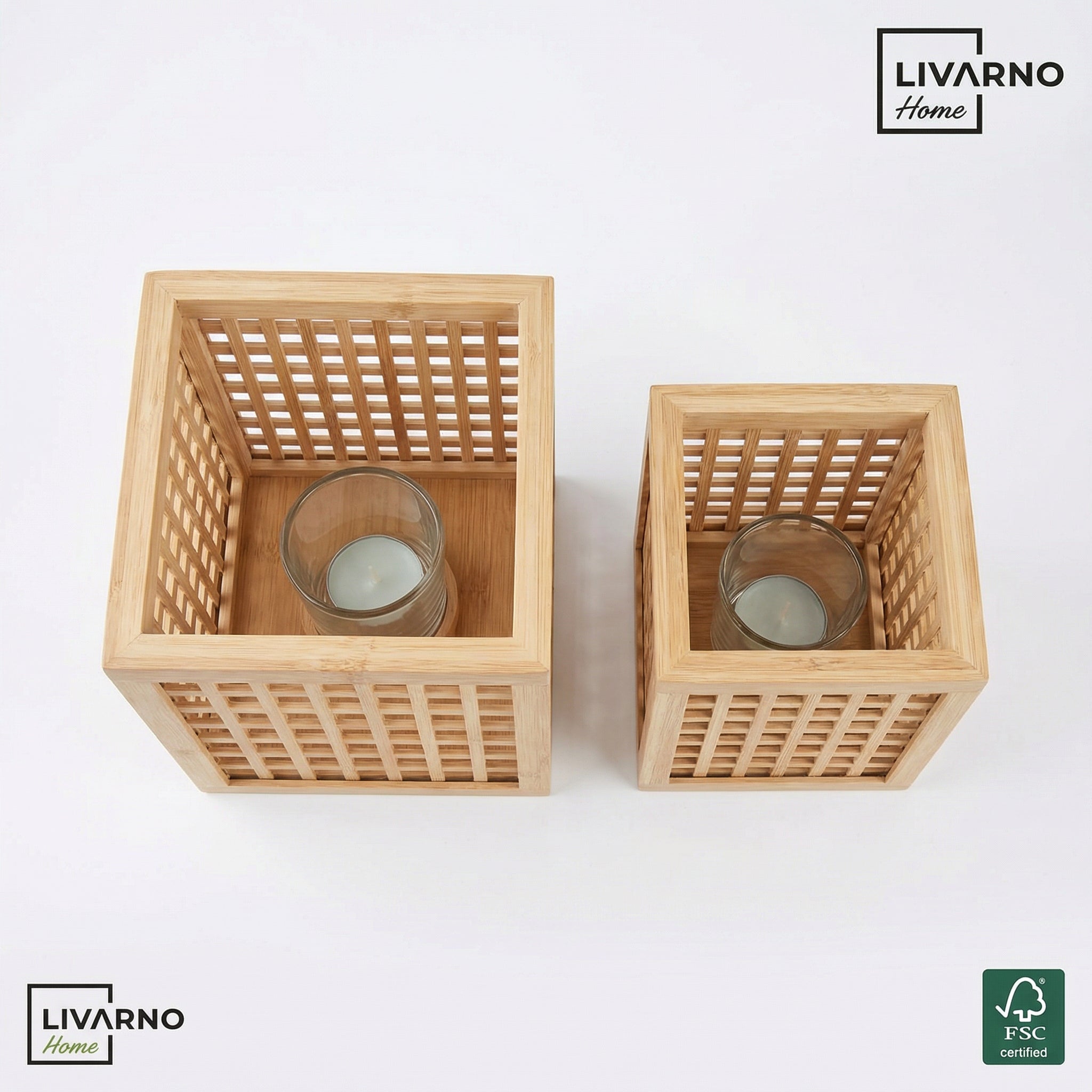 Set 2 Portavelas Farolillos de Madera y Bambú con Cristal FSC | Livarno Home