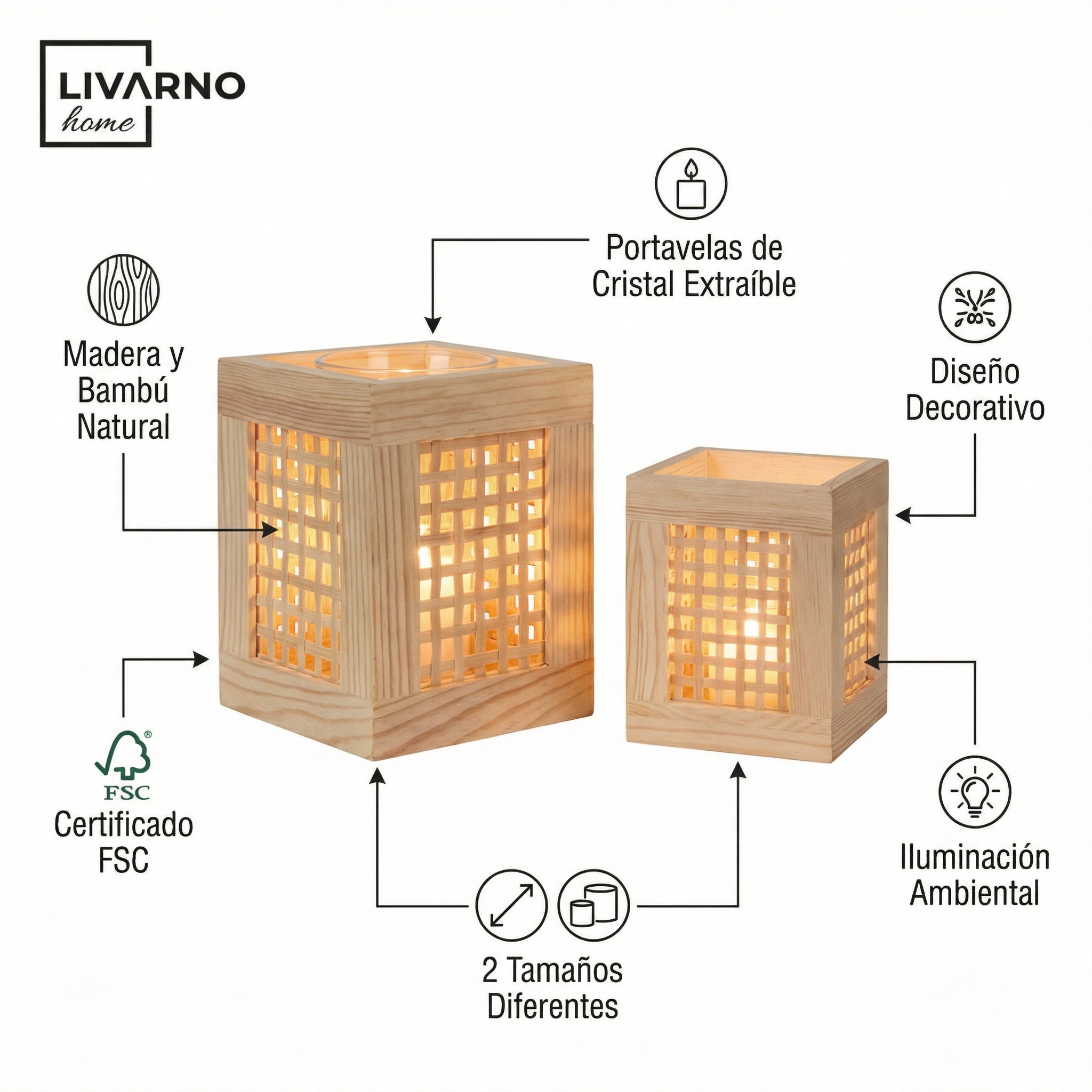 Set 2 Portavelas Farolillos de Madera y Bambú con Cristal FSC | Livarno Home