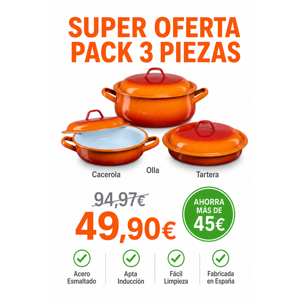 Pack Cocina La Estrella 3 Piezas — Gama Naranja (Tartera 28cm + Tartera 20cm + Cacerola 20cm)