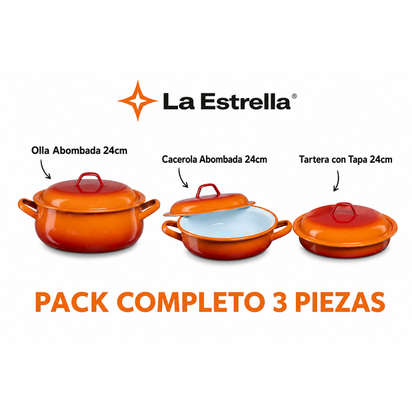 Pack Cocina La Estrella 3 Piezas — Gama Naranja 24cm (Olla + Cacerola + Tartera)