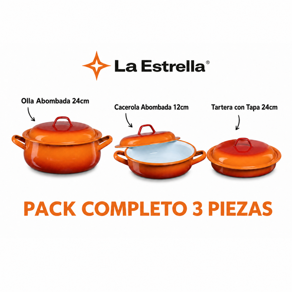 Pack Cocina La Estrella 3 Piezas — Gama Naranja (Tartera 28cm + Tartera 20cm + Cacerola 20cm)