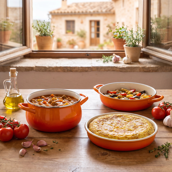 Pack Cocina La Estrella 3 Piezas — Gama Naranja (Tartera 28cm + Tartera 20cm + Cacerola 20cm)