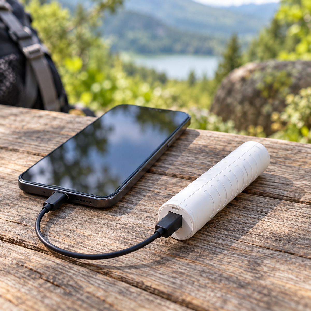 Power Bank D3093 de 2600 mAh cargando un teléfono al aire libre