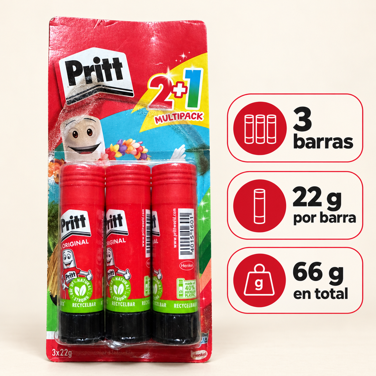 Pritt Original pegamento en barra, pack de 3 × 22 g — características