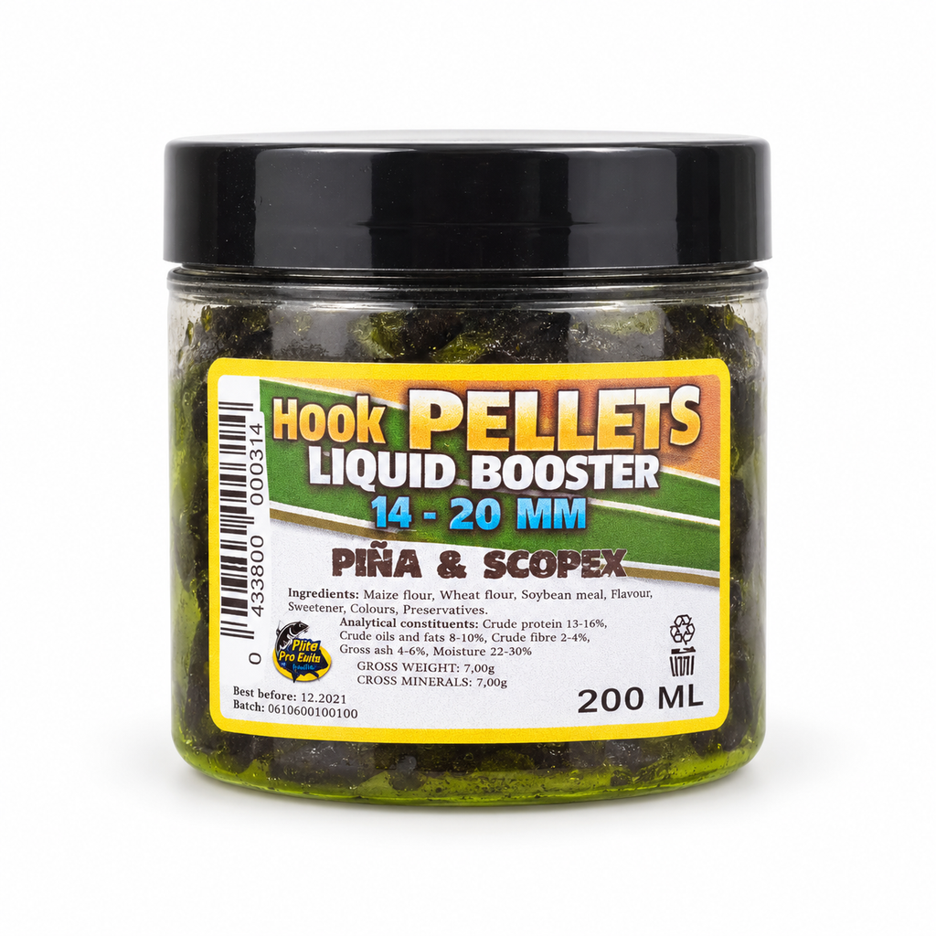 Pro Elite Baits Hook Pellets Liquid Booster Piña & Scopex 14-20 mm 200 ml sobre fondo blanco