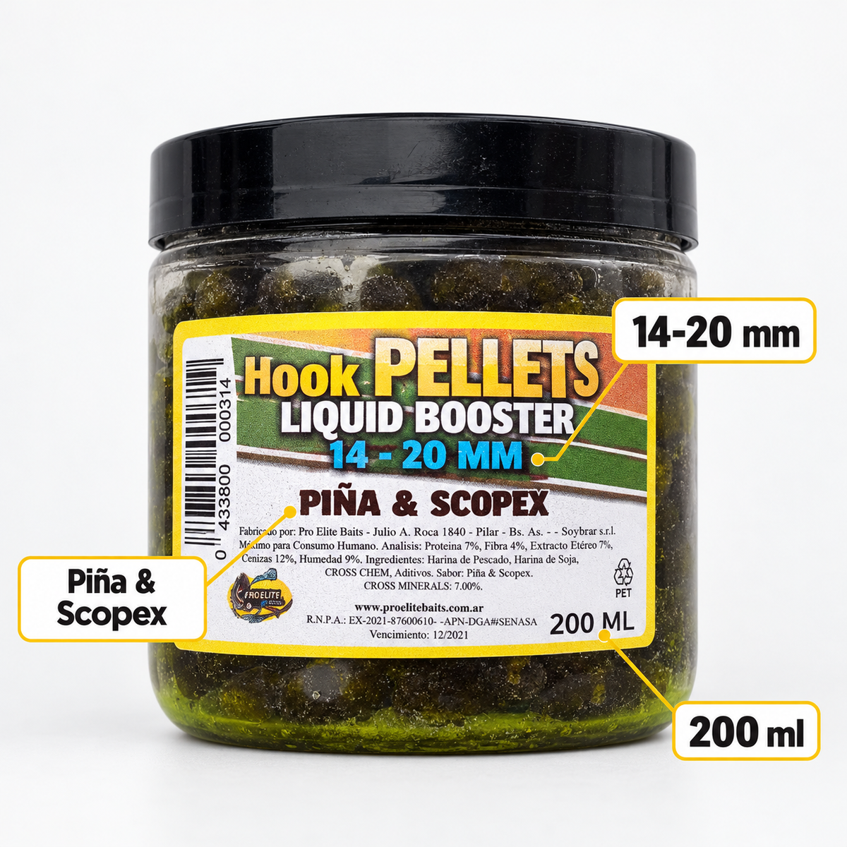Pro Elite Baits Hook Pellets Liquid Booster Piña & Scopex 14-20 mm 200 ml con características
