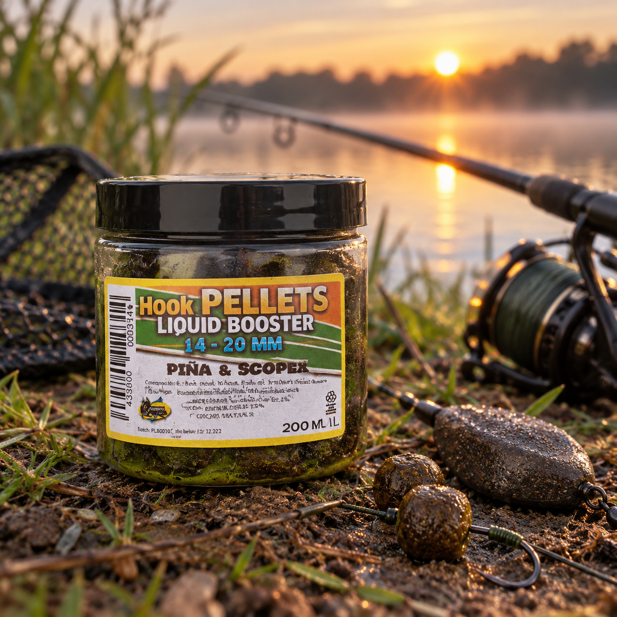 Pro Elite Baits Hook Pellets Liquid Booster Piña & Scopex 14-20 mm 200 ml en ambiente de pesca