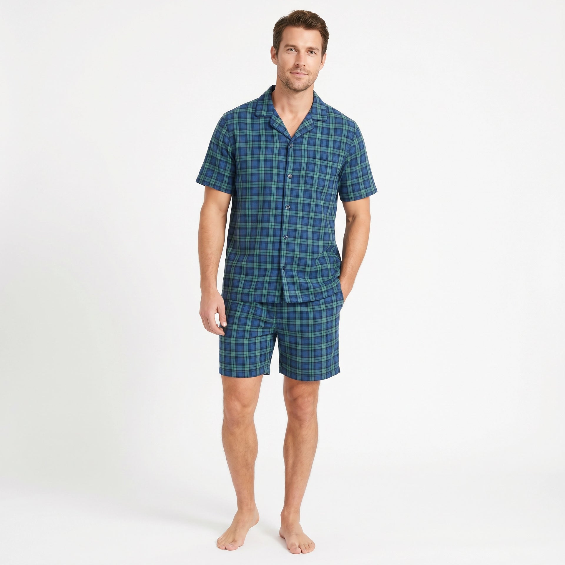 Pijama Corto Hombre Cuadros Azul/Verde | UP2 Fashion