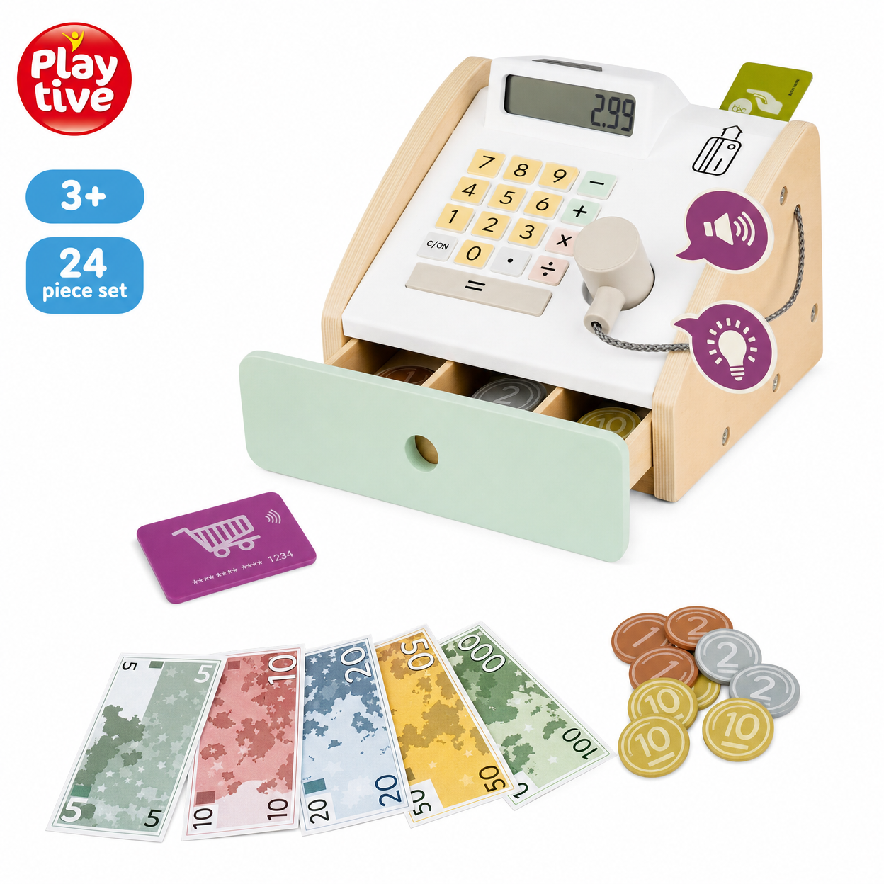 Caja Registradora de Madera Playtive — Wooden Shop Till Set (24 Piezas)
