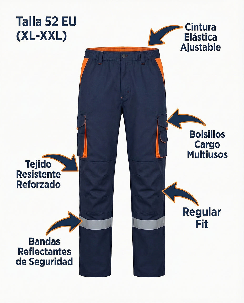 Pantalón de Trabajo Azul Marino con Reflectantes - Talla 52 (XL) | Kraft Wear