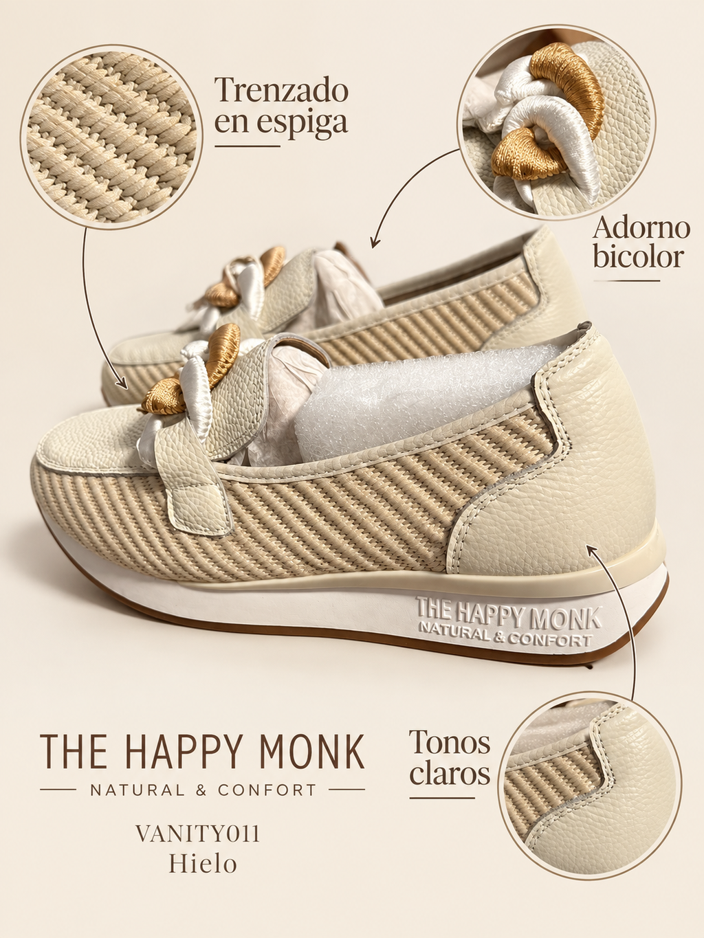 Mocasines Happy Monk Vanity-011 hielo con trenzado en espiga