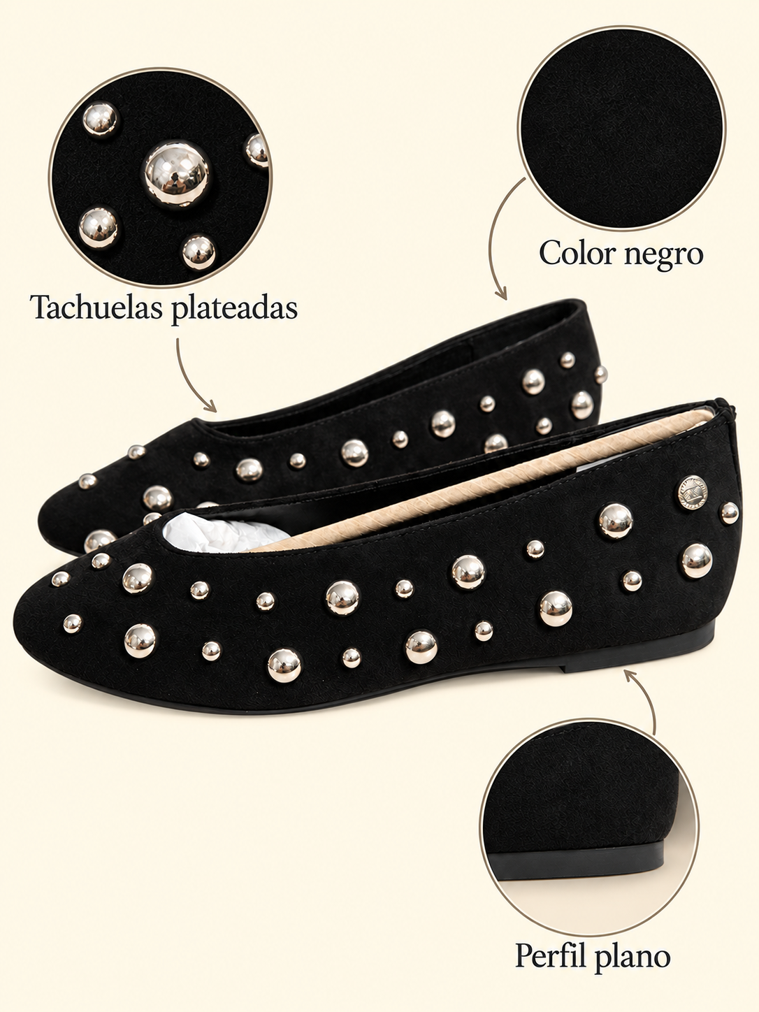 Bailarinas Xti 145283 negras con tachuelas plateadas — detalles visibles
