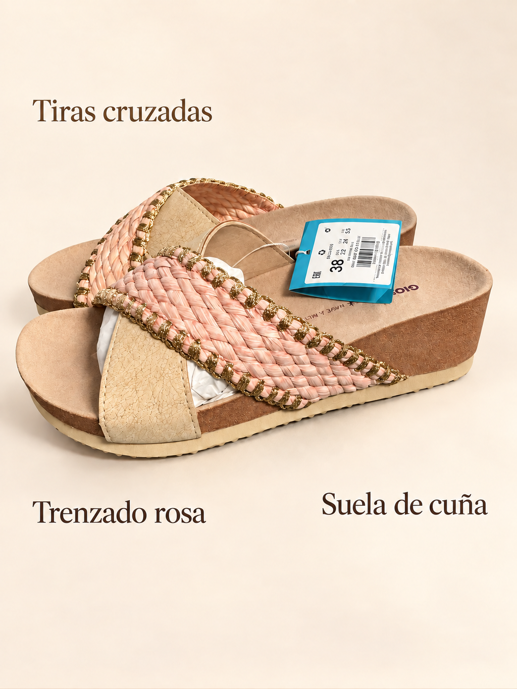 Sandalias Gioseppo Oma oro rosado con trenzado y cuña — detalles visibles