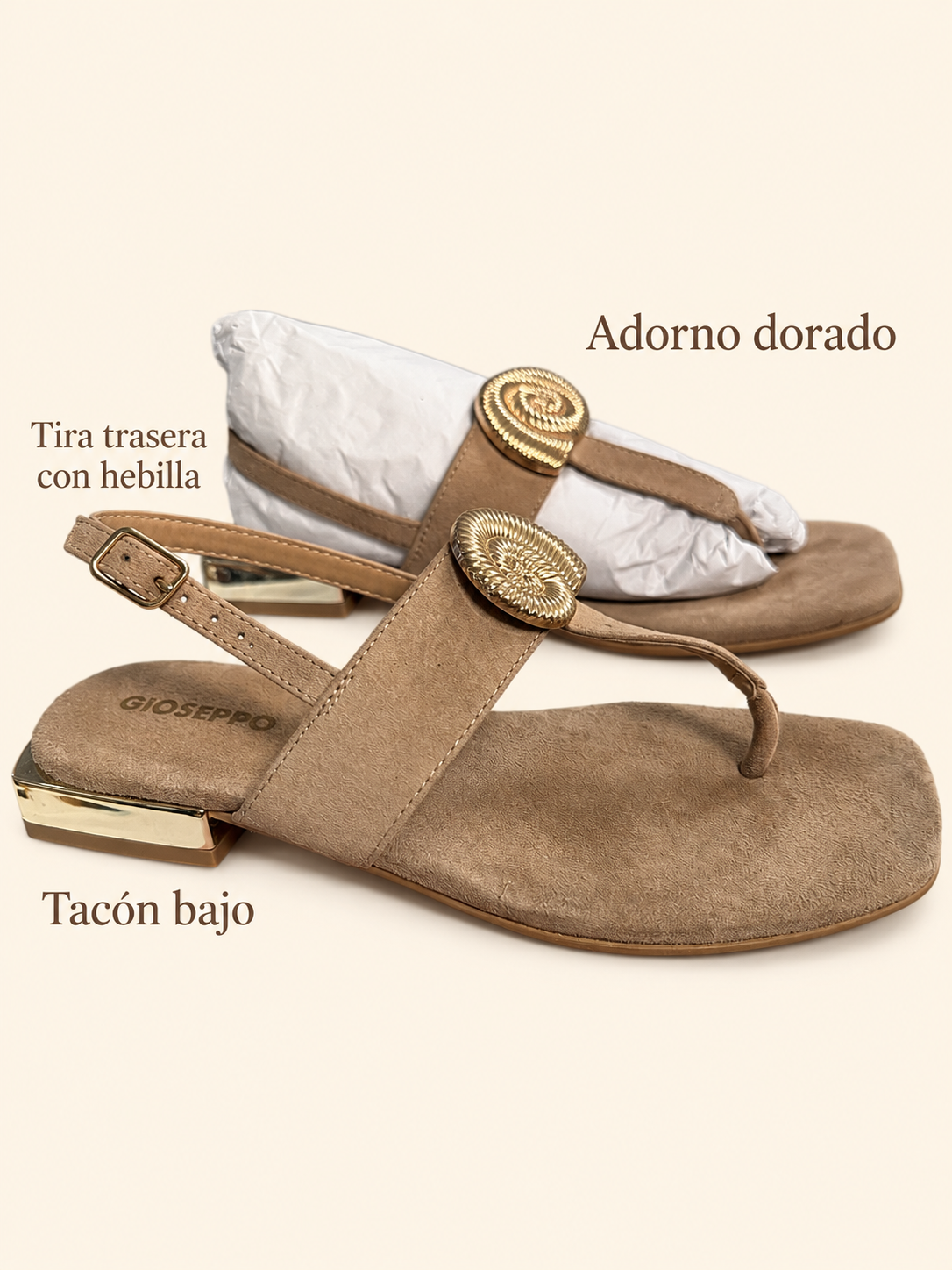 Sandalias Gioseppo Harrington color cuero con adorno de caracola — detalles visibles