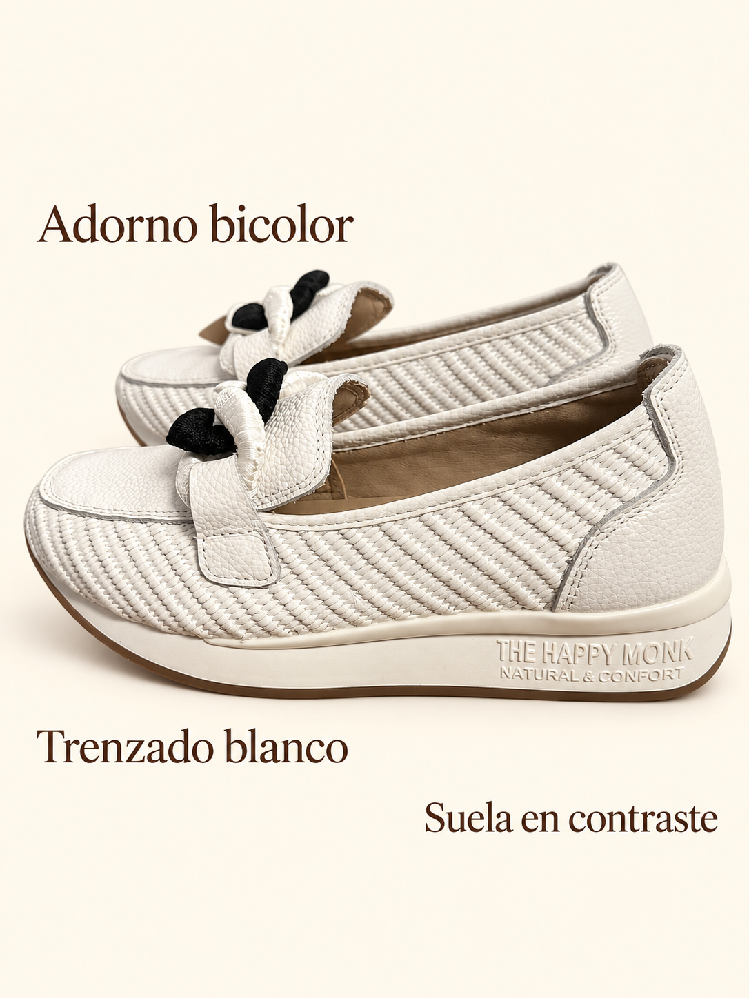 Mocasines Happy Monk Vanity-011 blancos con adorno bicolor — detalles visibles