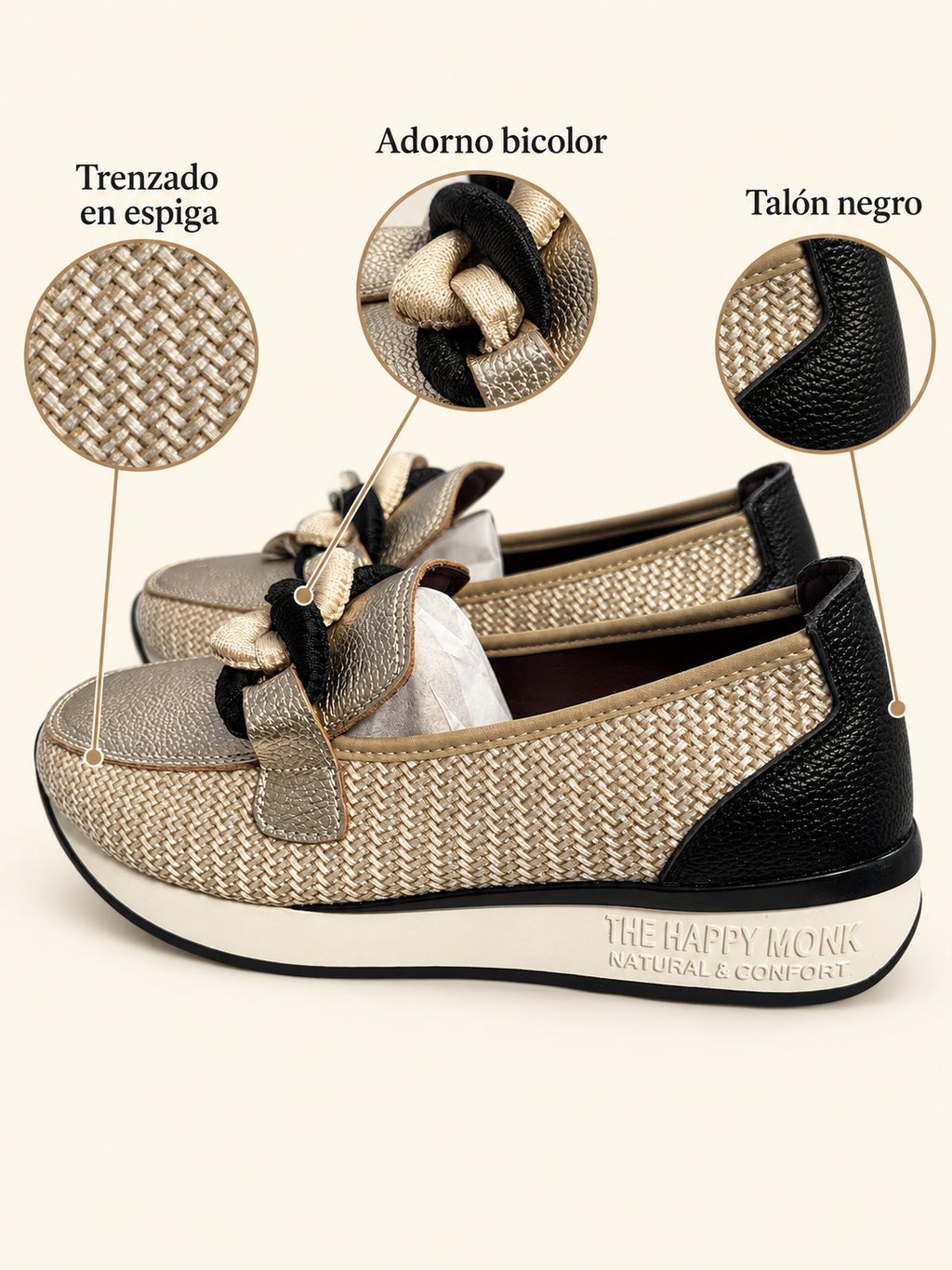 Mocasines Happy Monk Vanity-011 espiga platino y negro — detalles visibles