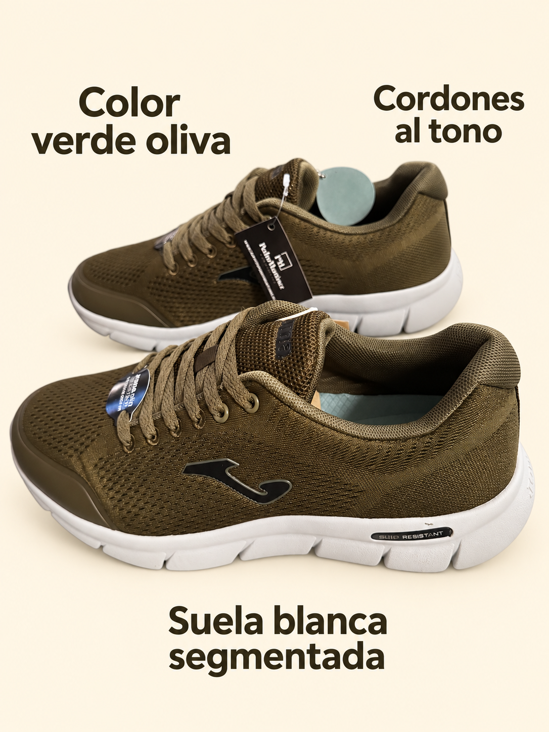 Zapatillas Joma verde oliva con suela blanca — detalles visibles