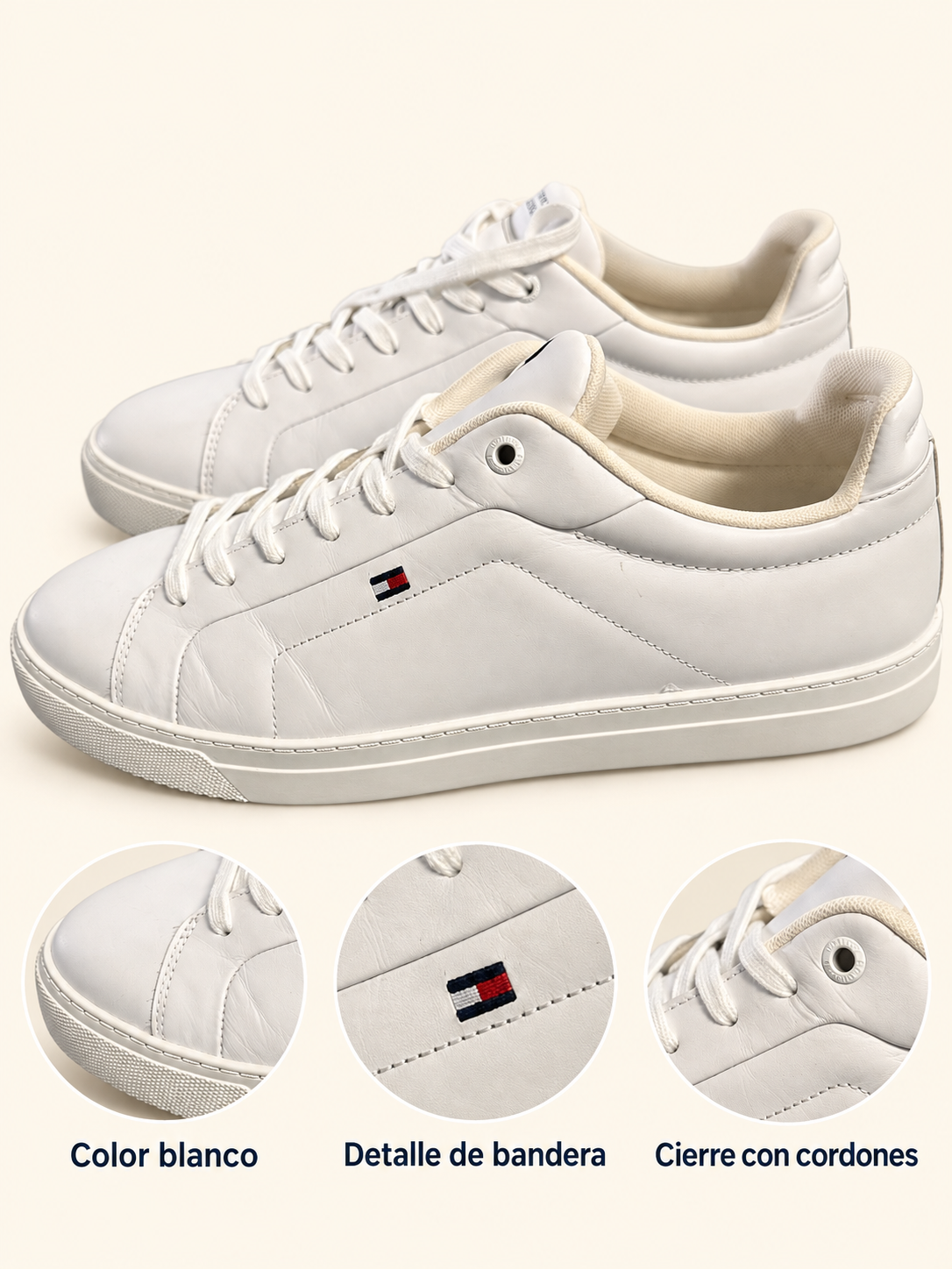 Zapatillas Tommy Hilfiger blancas con bandera bordada — detalles visibles