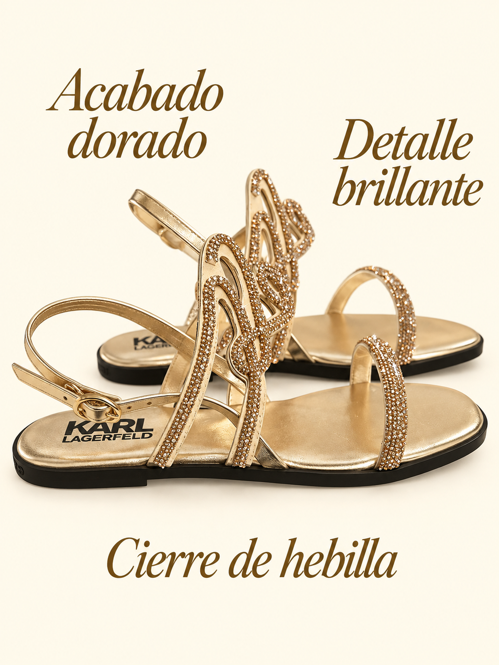 Sandalias Karl Lagerfeld Olympia doradas con detalles brillantes — detalles visibles