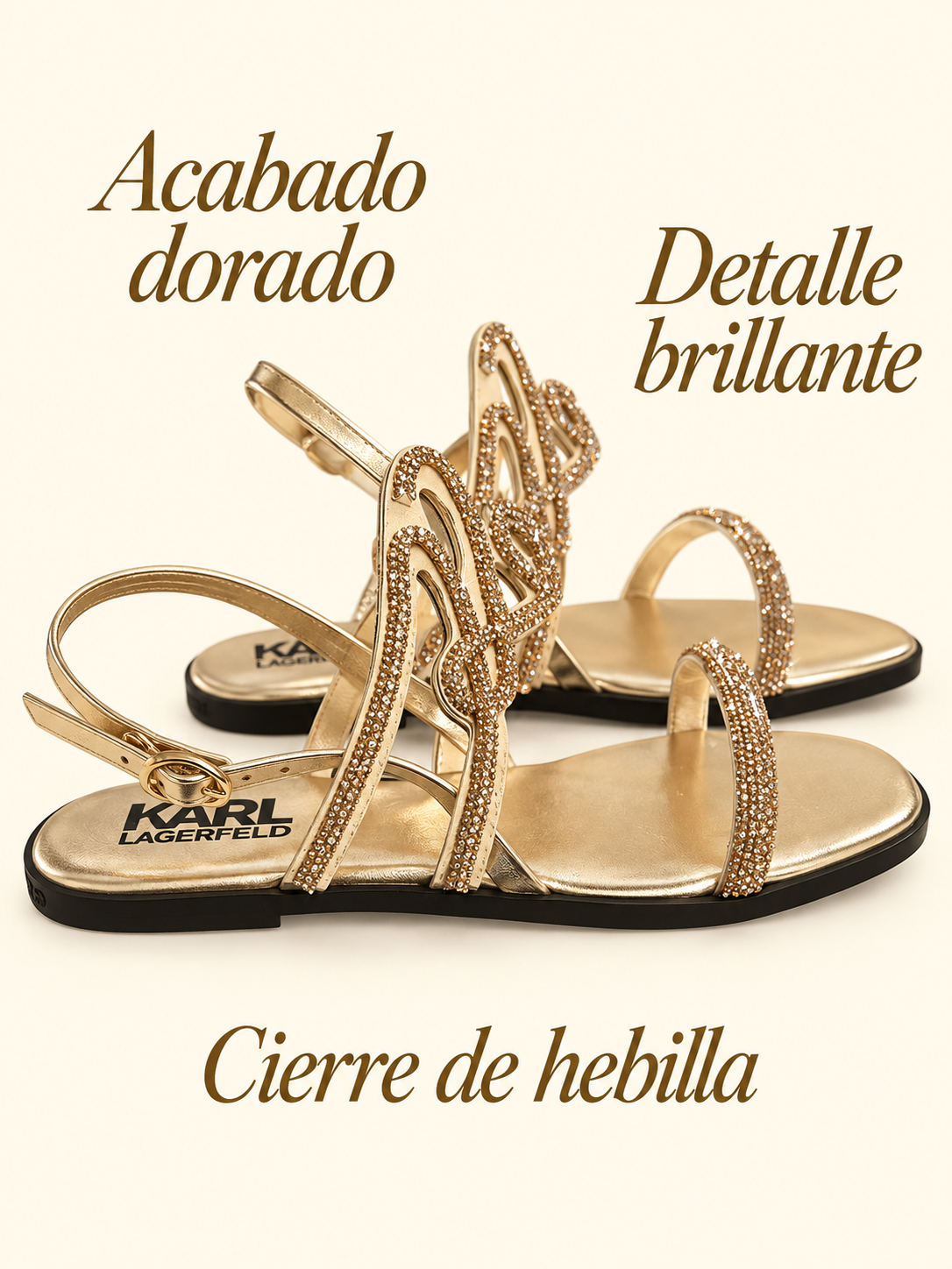 Sandalias Karl Lagerfeld Olympia doradas con detalles brillantes — detalles visibles