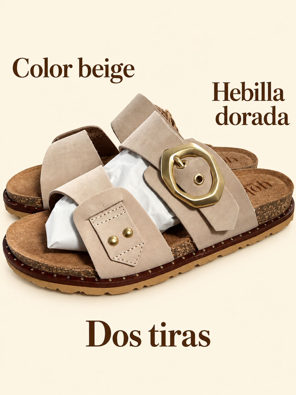 Sandalias Yokono Bolus-254 beige con hebilla dorada — detalles visibles
