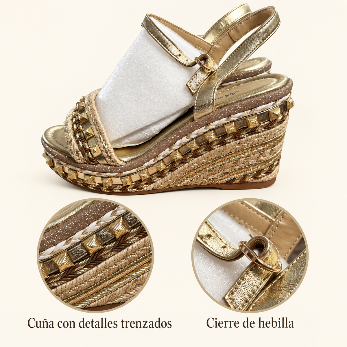 Sandalias de cuña Alma en Pena V21601 doradas — detalles de cuña y hebilla