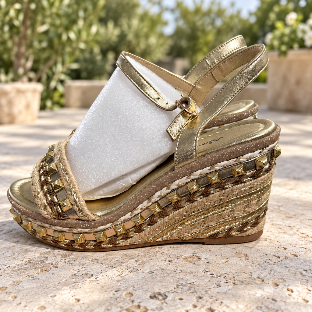 Sandalias de cuña Alma en Pena V21601 doradas — ambiente de terraza
