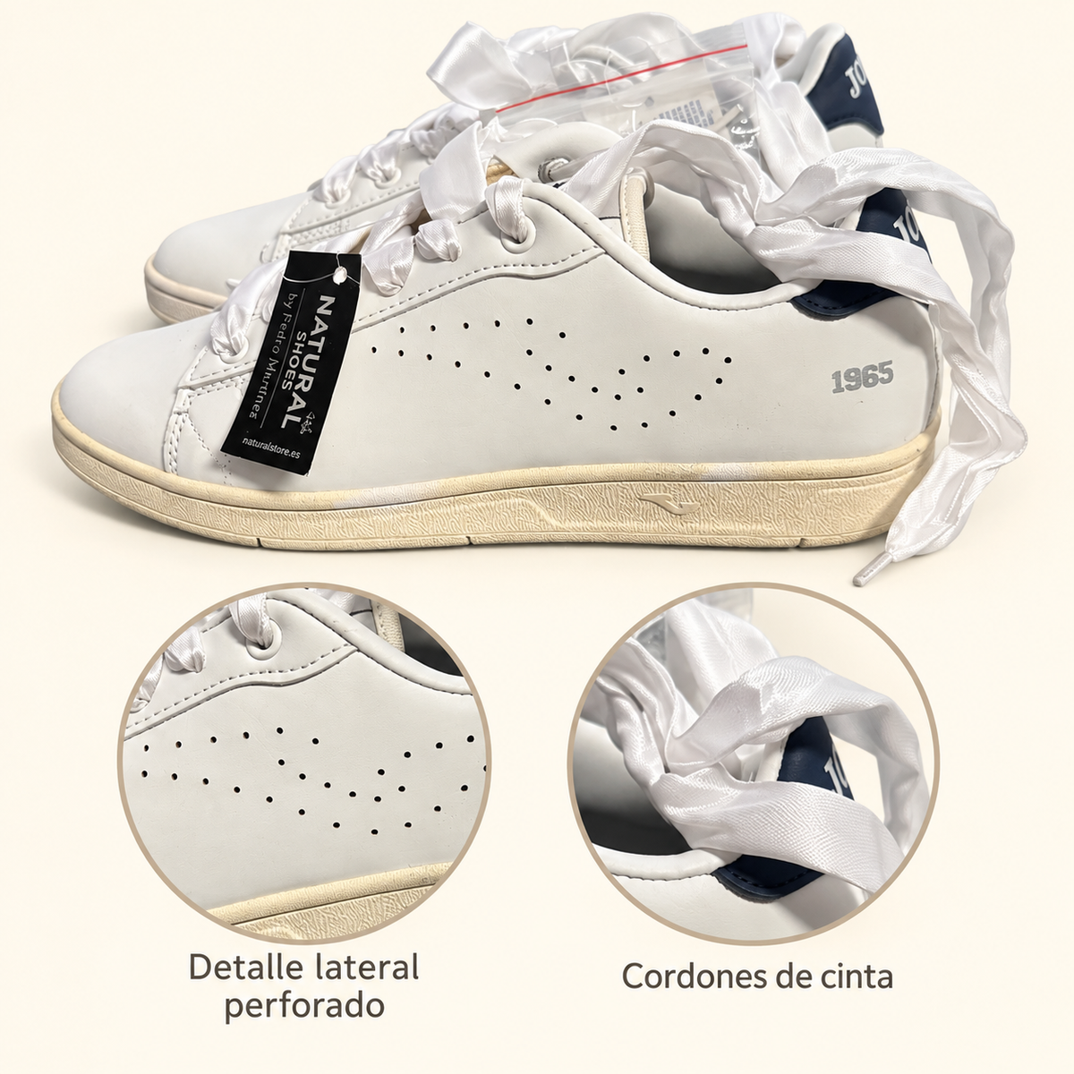 Zapatillas Joma Classic Lady 804 blancas y azules — lateral perforado y cordones de cinta