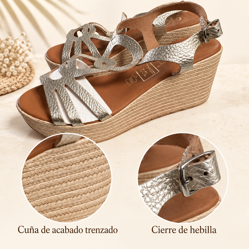 Sandalias Tekila 1014 platino con cuña — cuña trenzada y hebilla
