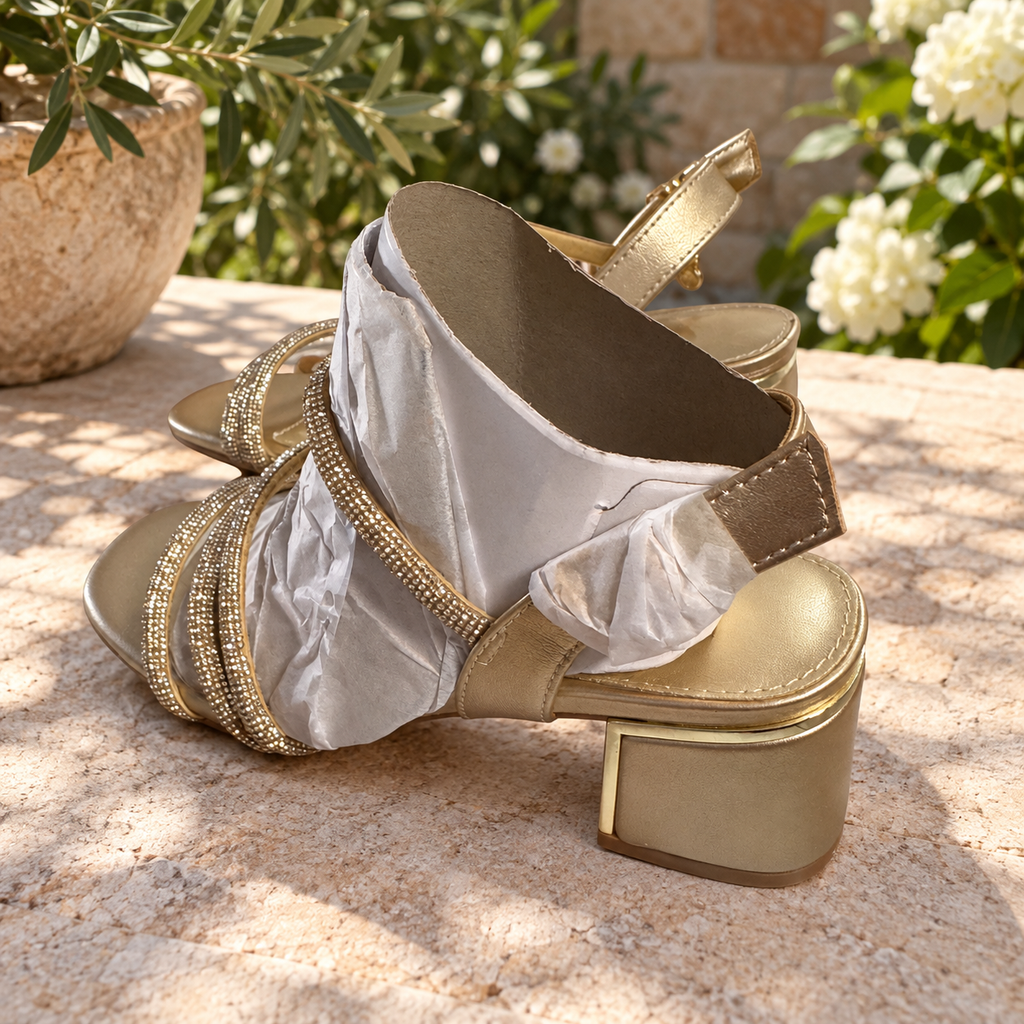 Sandalias Xti 145260 doradas con tiras brillantes — ambiente de terraza
