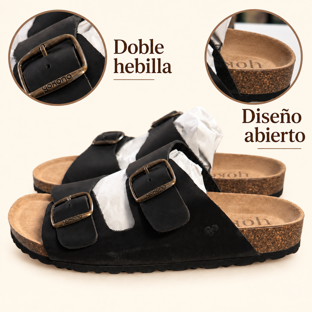 Sandalias Yokono Macam-150 negras — doble hebilla y talón abierto