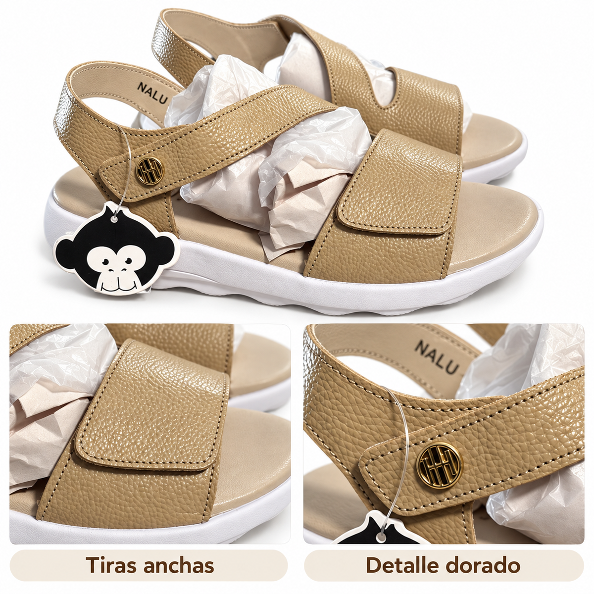 Sandalias Happy Monk Nalu-003 beige — tiras anchas y detalle dorado