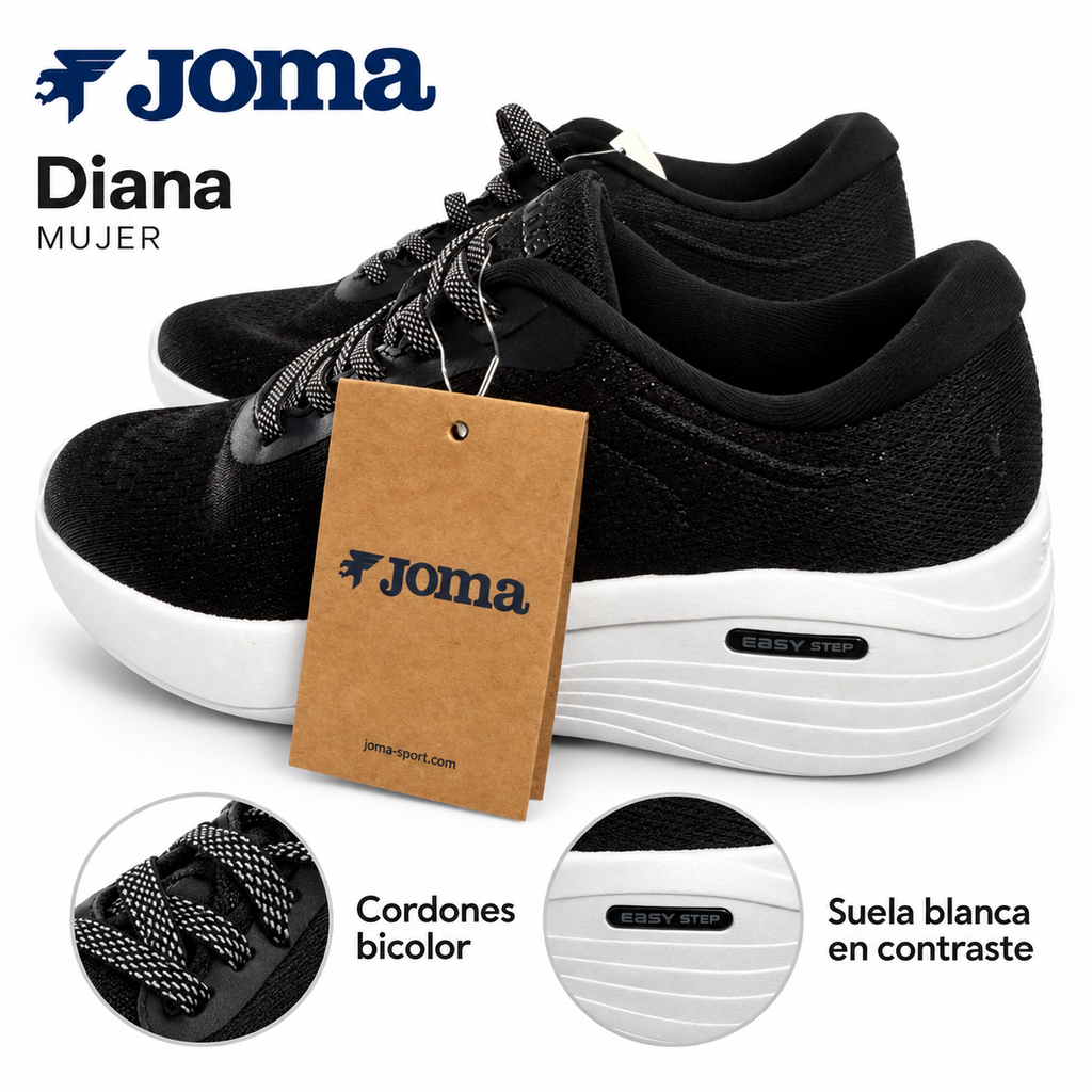 Zapatillas Joma Diana Lady 2501 negras con suela blanca — cordones bicolor y suela en contraste