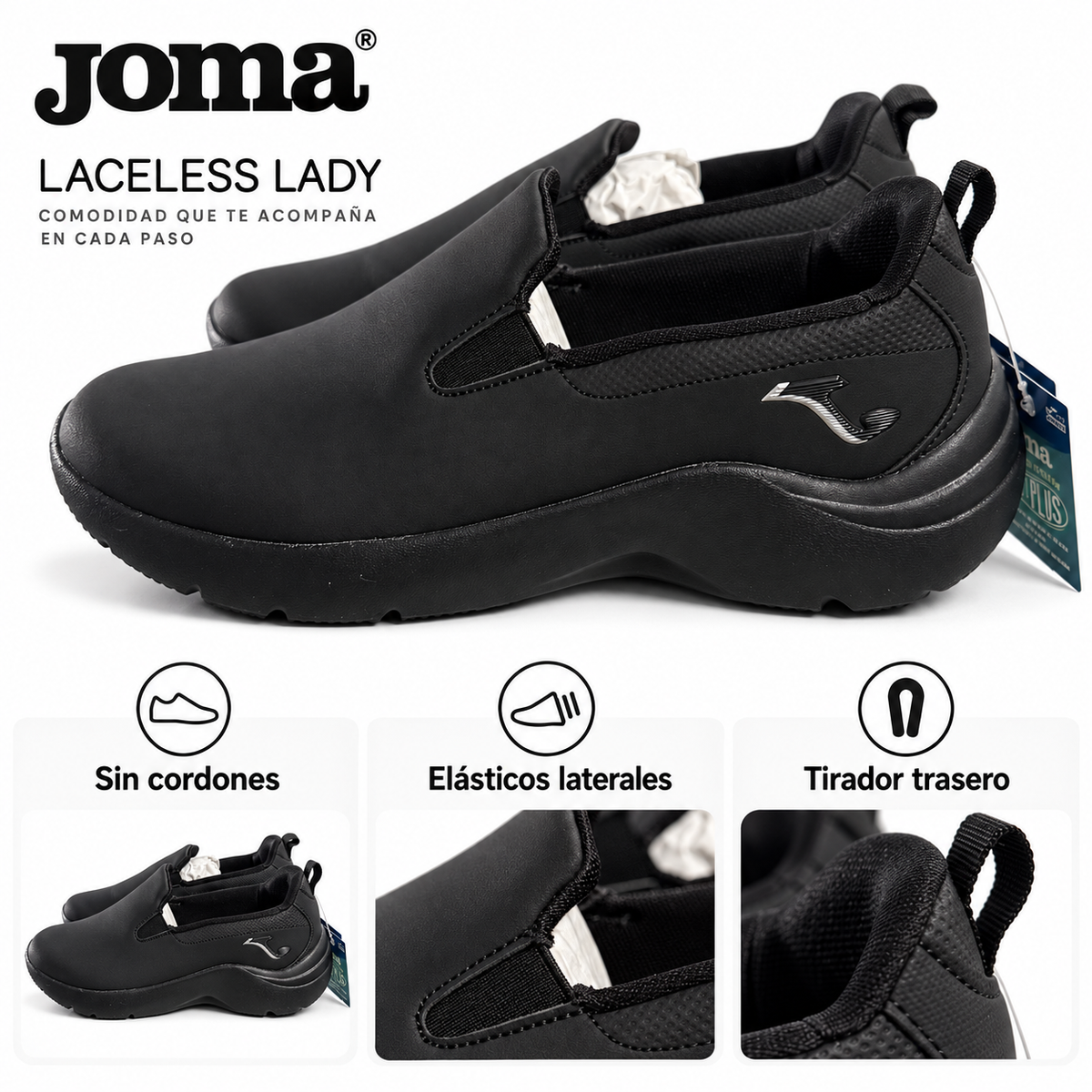Joma Laceless Lady 2201 negras sin cordones, talla 40 — elásticos laterales y tirador trasero