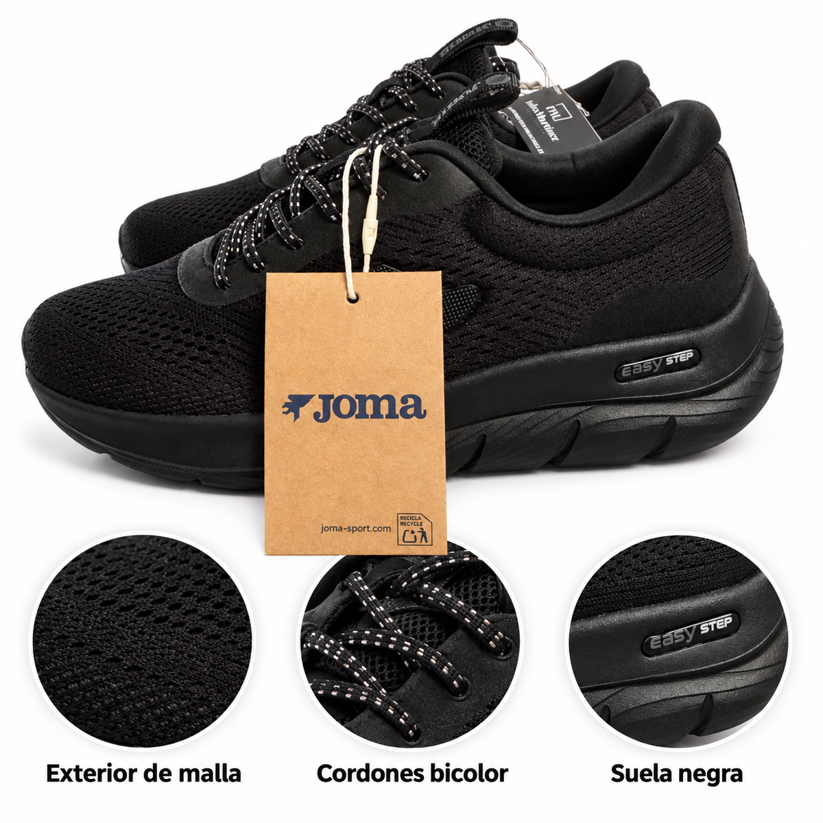 Zapatillas Joma Teseo Lady 2621 negras — malla, cordones bicolor y suela negra