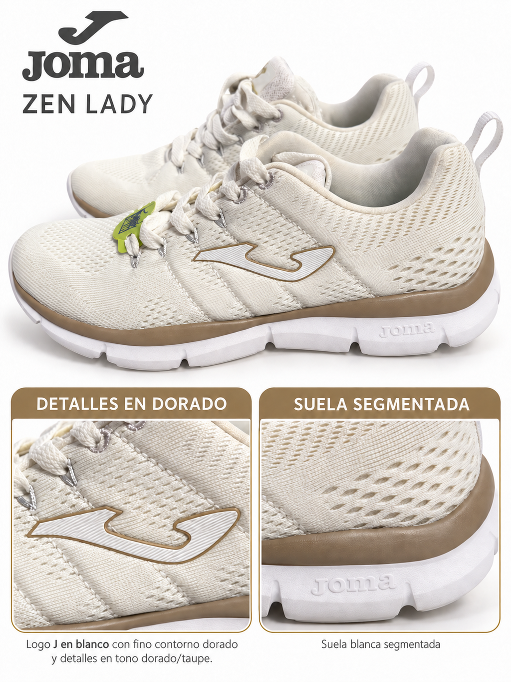 Joma Zen Lady 2002 blancas y doradas — detalles dorados y suela segmentada