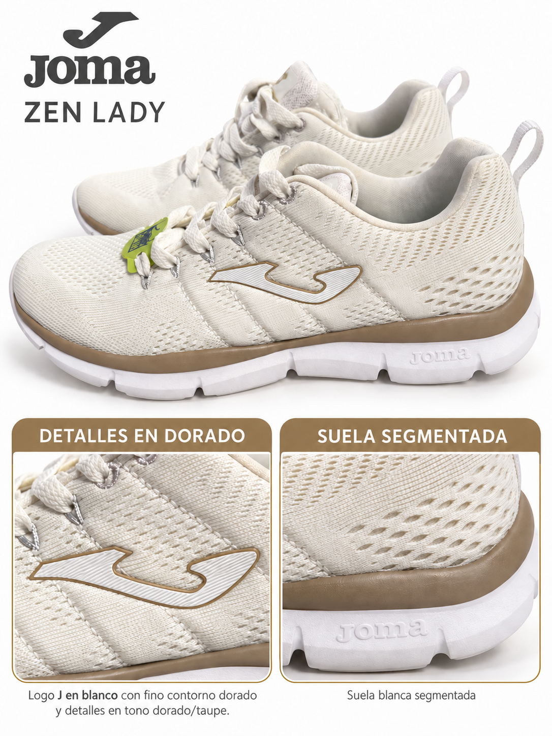 Joma Zen Lady 2002 blancas y doradas — detalles dorados y suela segmentada