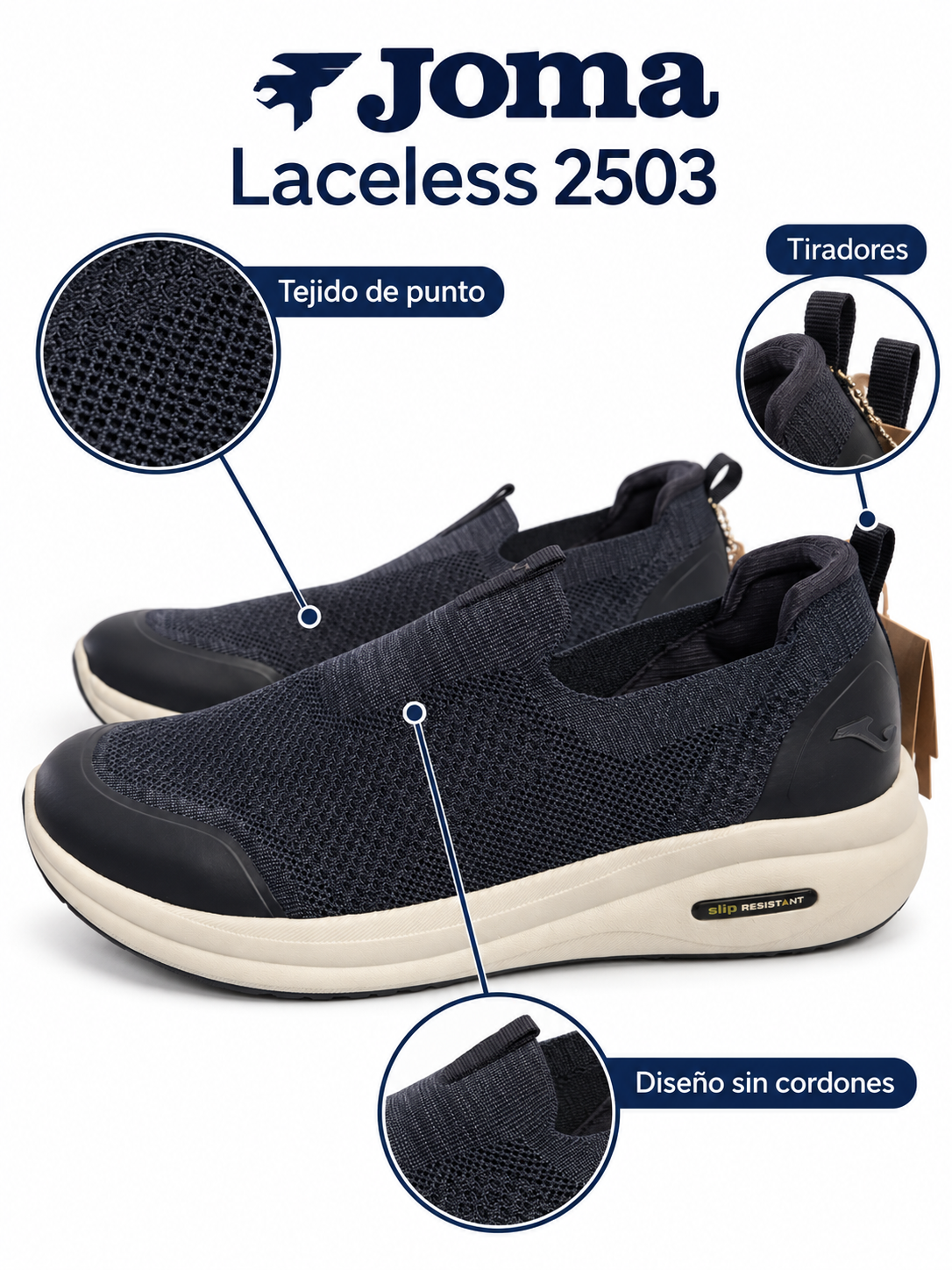 Joma Laceless 2503 marino sin cordones — tejido de punto y tiradores