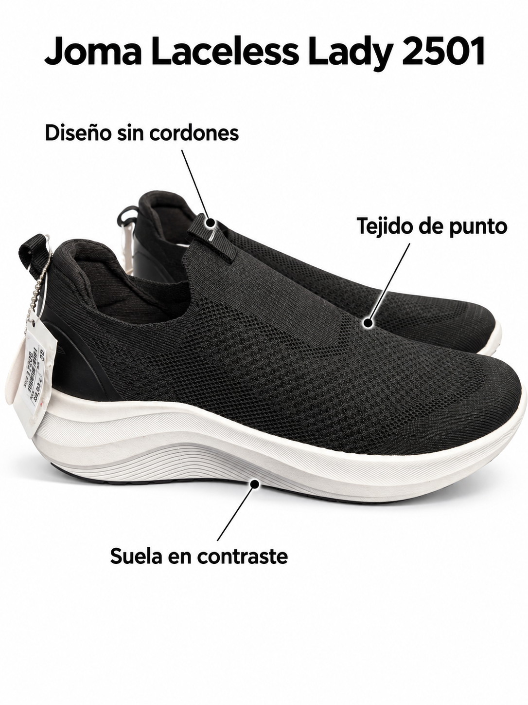 Joma Laceless Lady 2501 negras — tejido de punto y suela clara