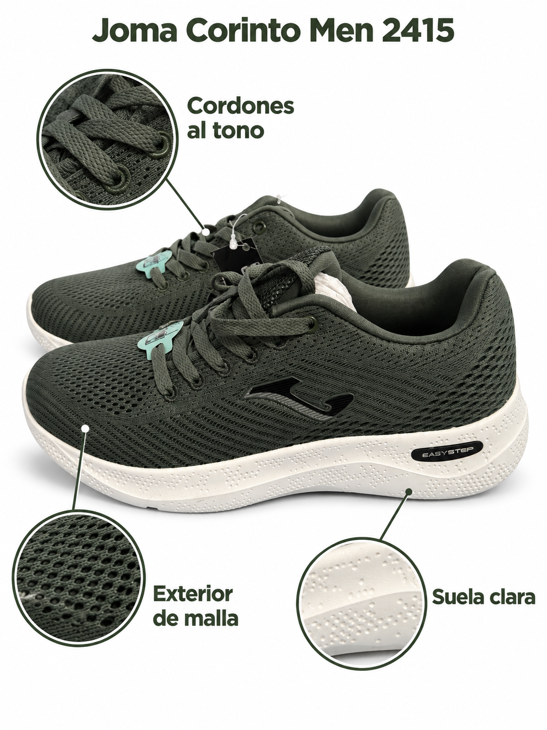 Joma Corinto Men 2415 verdes — cordones, malla y suela clara