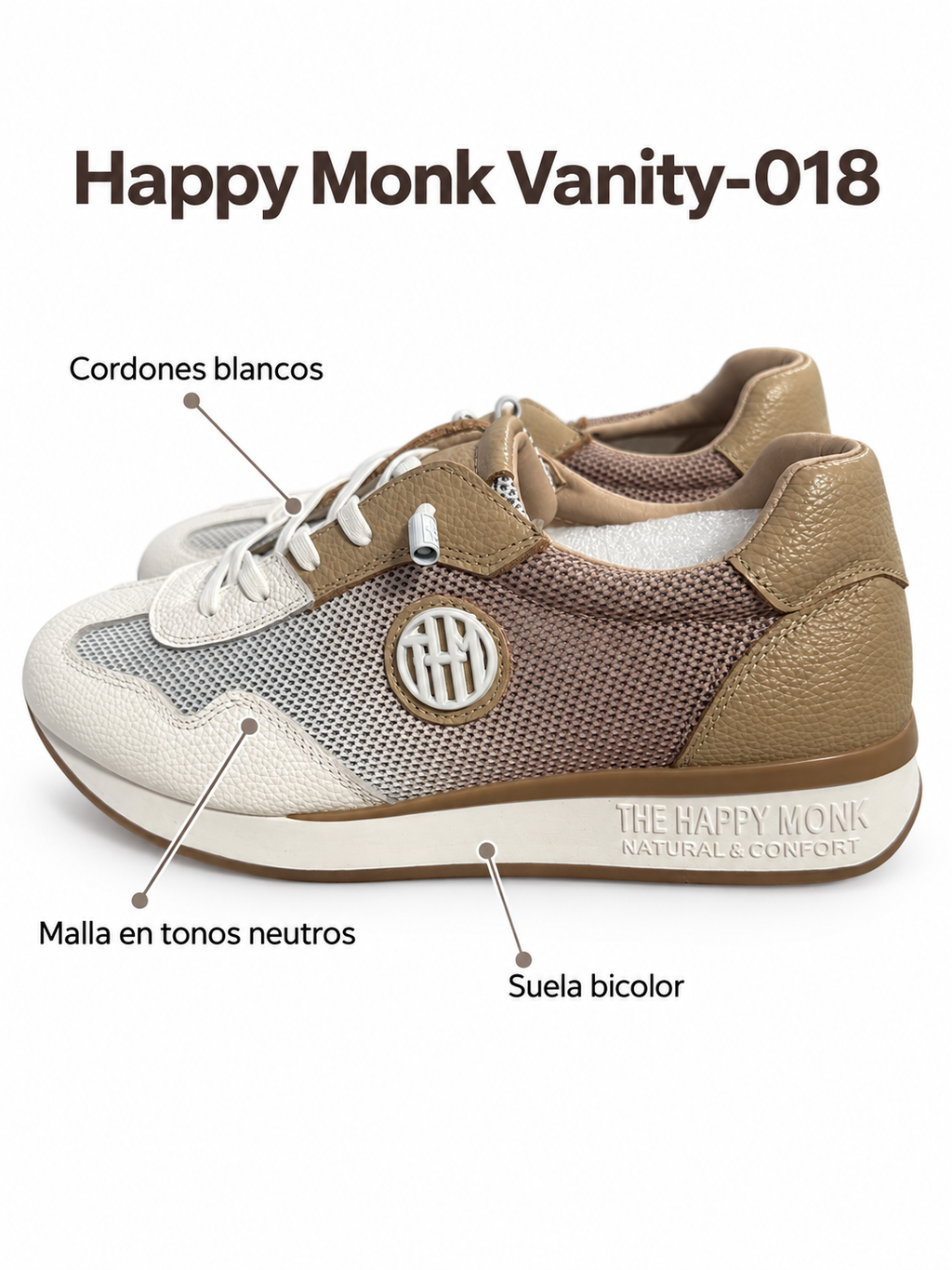 Happy Monk Vanity-018 beige — malla, cordones blancos y suela bicolor