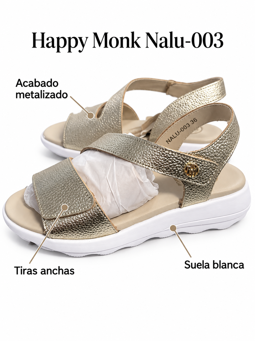 Happy Monk Nalu-003 platino — tiras metalizadas y suela blanca