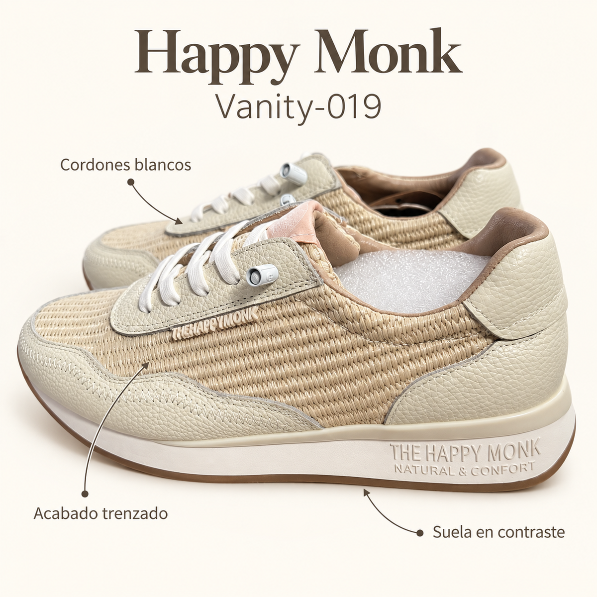 Happy Monk Vanity-019 hielo — trenzado y cordones blancos