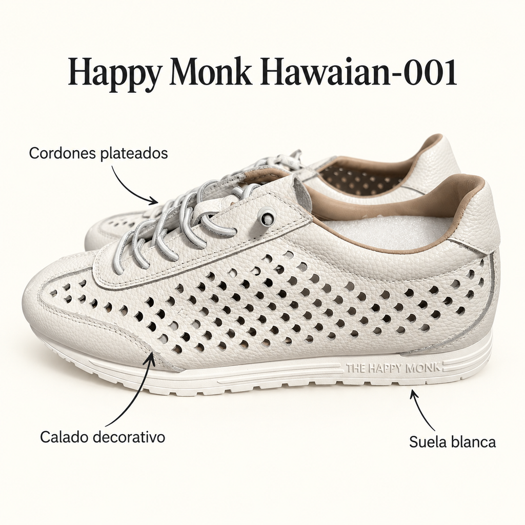 Happy Monk Hawaian-001 blanco — calado decorativo y cordones plateados