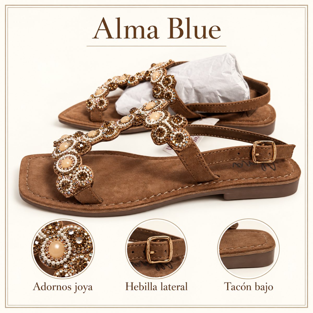 Sandalias Alma Blue V23BL2027 marrones — adornos joya, hebilla lateral y tacón bajo
