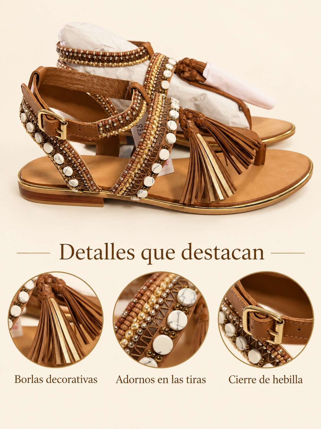 Sandalias Alma Blue V23BL1306 camel con borlas y adornos blancos: detalles