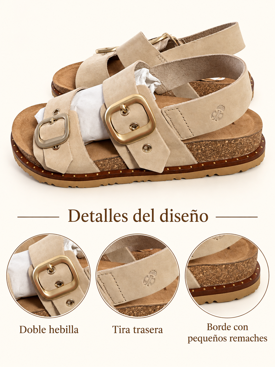 Sandalias Yokono Bolus-252 beige de doble hebilla y tira trasera: detalles