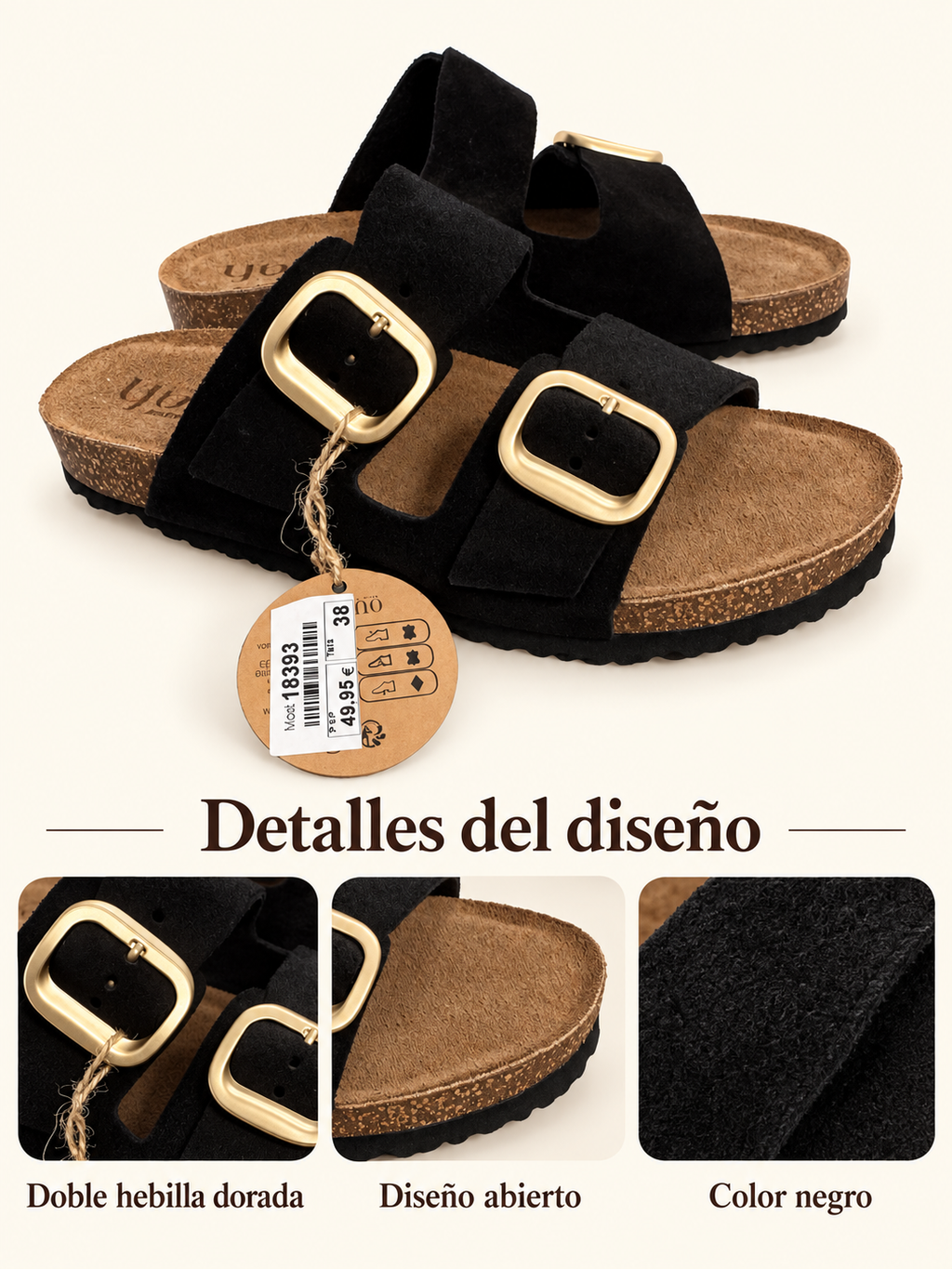 Sandalias Yokono Jerba-700 negras con doble hebilla dorada: detalles