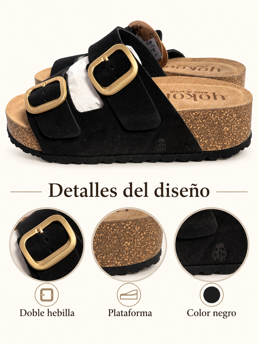 Sandalias Yokono Wiwi-003 negras de plataforma con doble hebilla: detalles