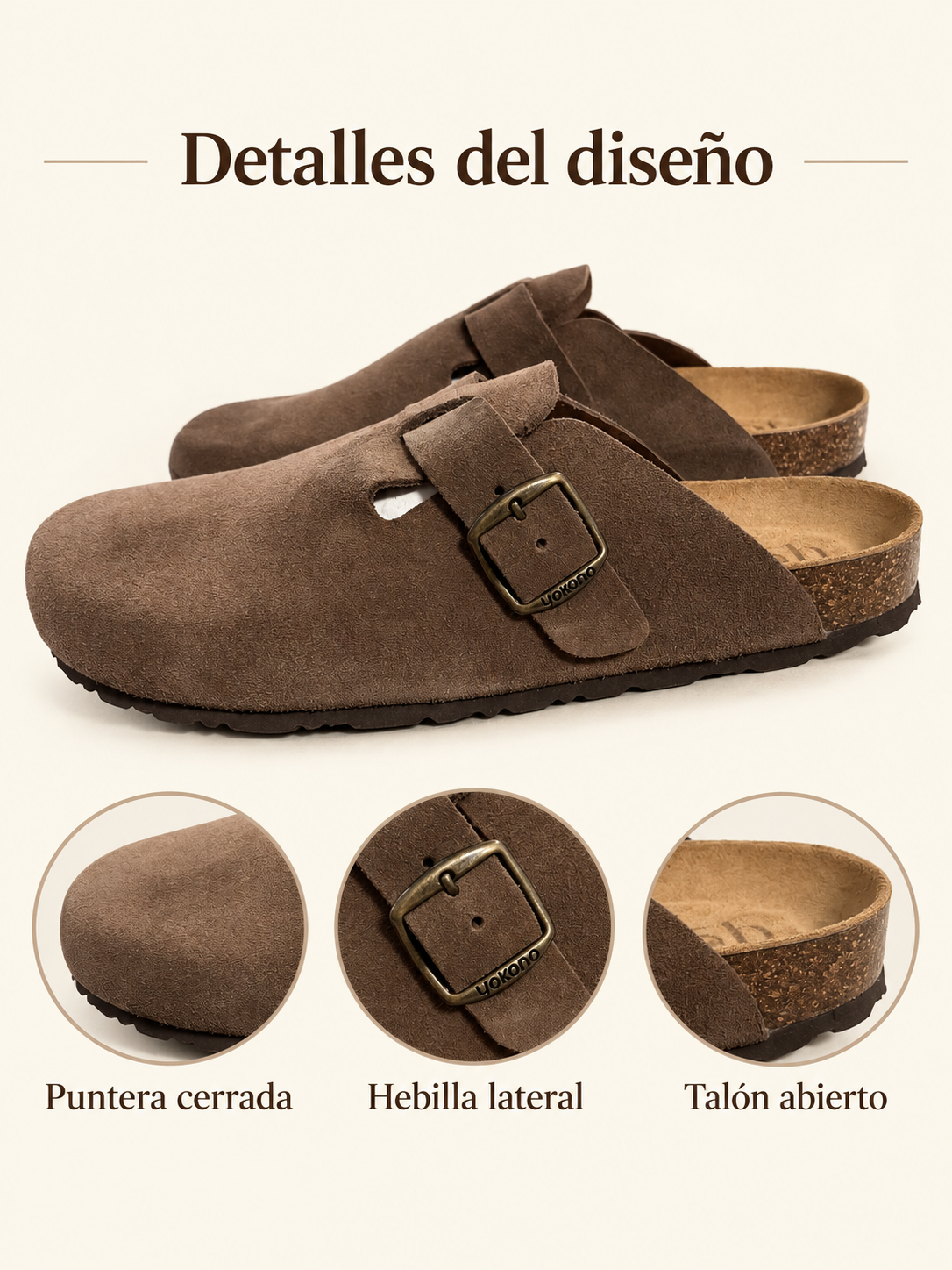 Zuecos Yokono 599CRO marrón lodo para hombre, talla 42 — puntera cerrada, hebilla lateral y talón abierto